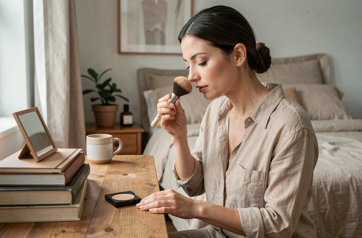 Femme utilisant un pinceau poudre pour fixer son fond de teint à sa coiffeuse en bois dans sa chambre