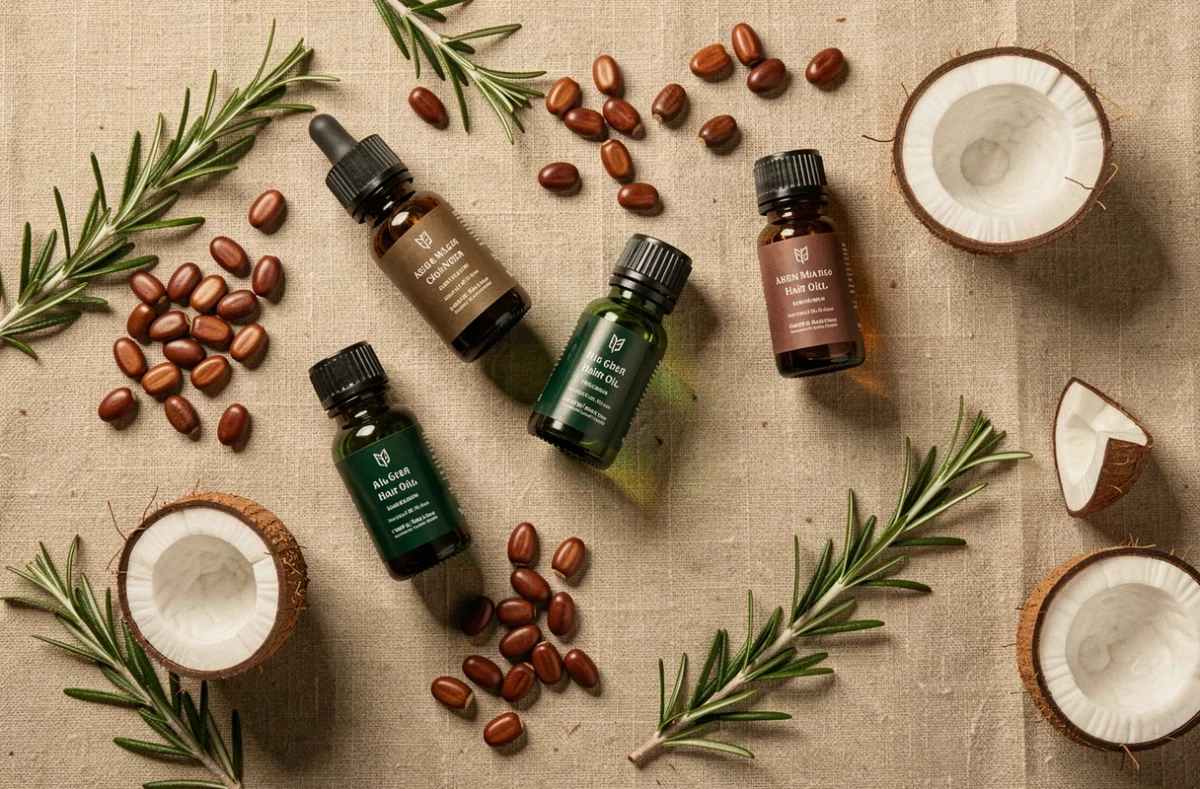 Mise en scène de flacons d'huile capillaire entourés d'ingrédients naturels comme l'argan et la noix de coco sur fond lin