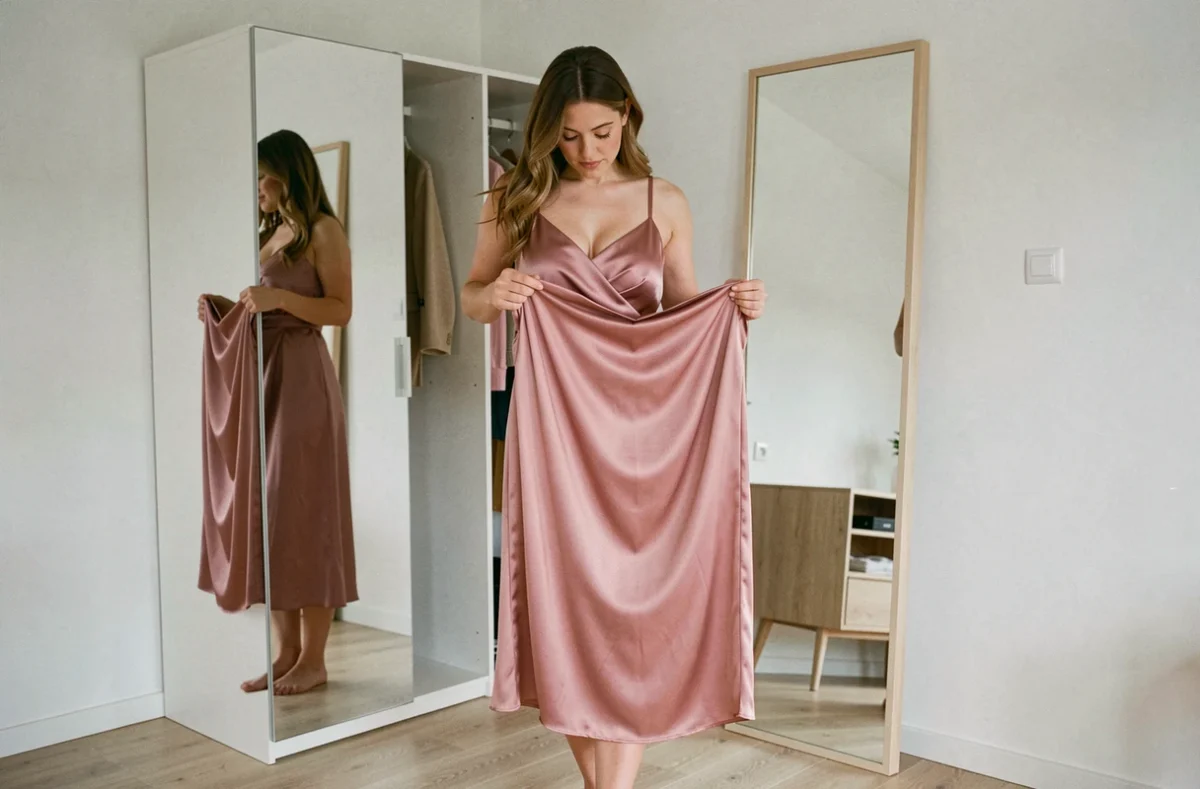 Jeune femme portant un fond de robe sous une robe en soie rose pour éviter qu'elle ne colle aux jambes