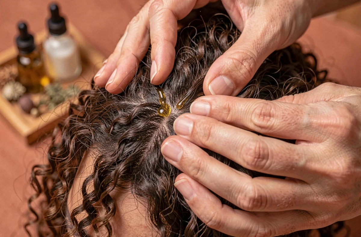 Gros plan sur un massage du cuir chevelu avec de l'huile capillaire sur cheveux bouclés