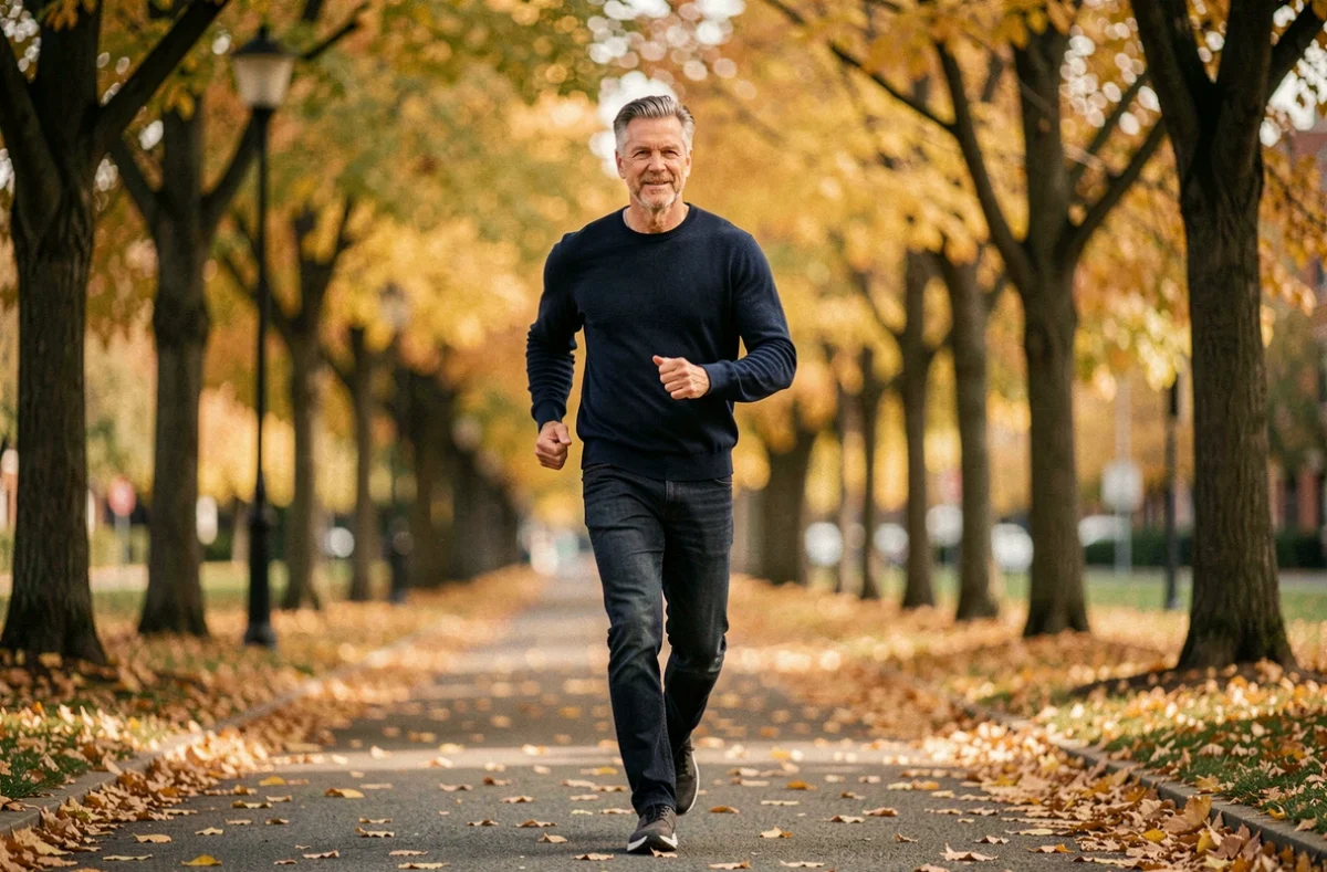Homme de 52 ans sportif en jogging dans un parc en automne, allure jeune et dynamique