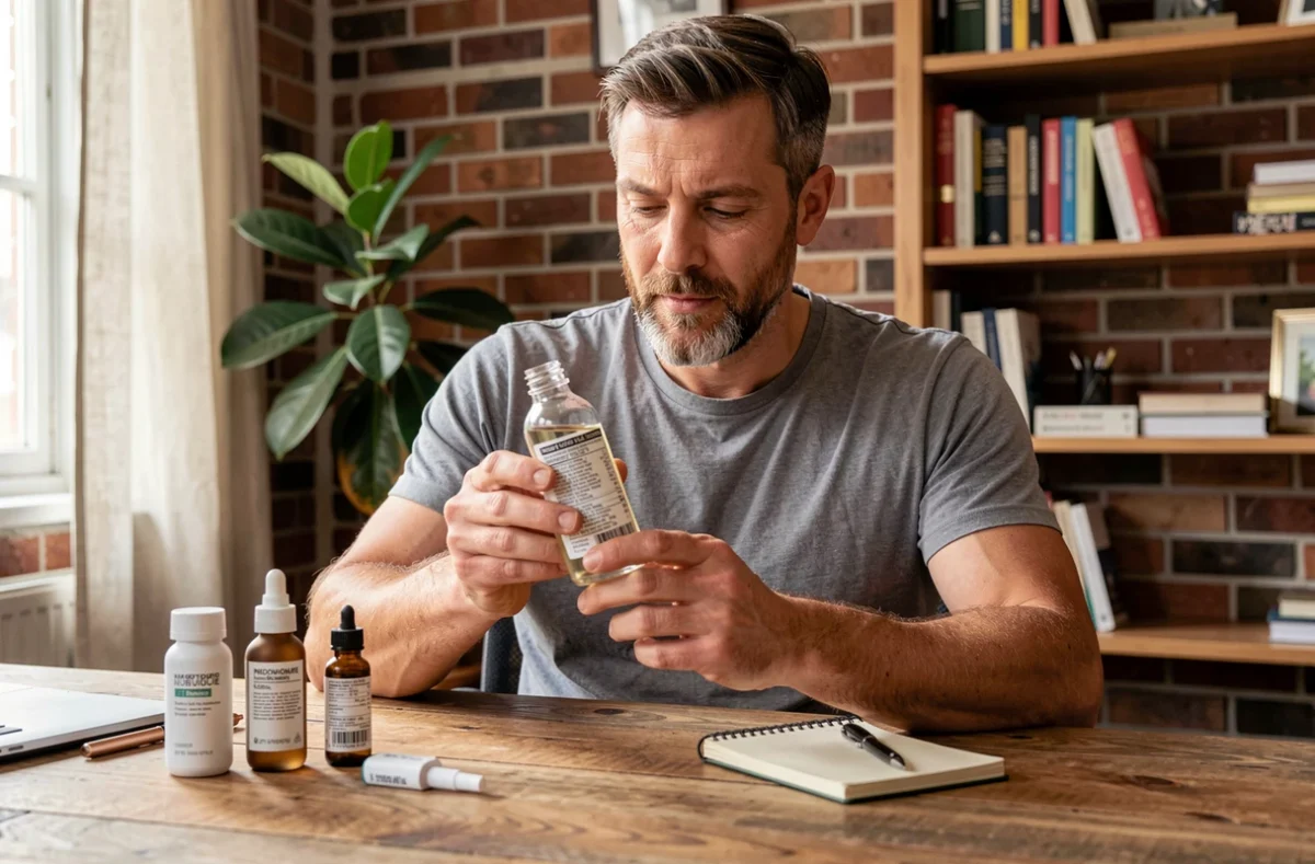 Homme lisant attentivement l'étiquette d'un produit de soin de la peau assis à un bureau en bois dans un bureau à domicile chaleureux