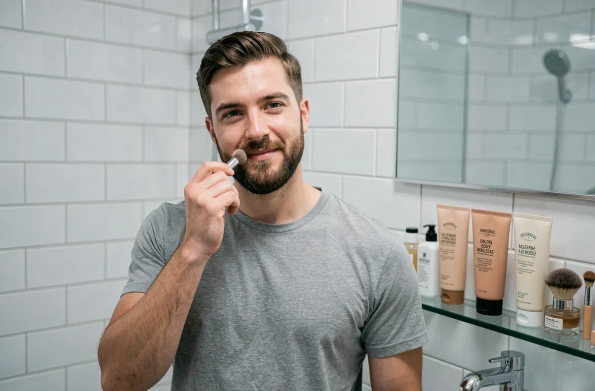 Homme appliquant du correcteur avec un pinceau dans une salle de bain moderne minimaliste