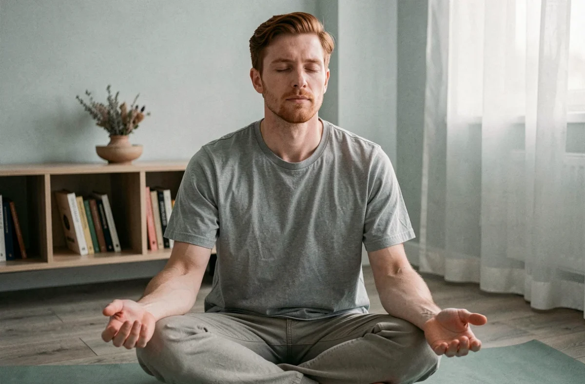 Homme en méditation sereine après un soin énergétique dans un intérieur minimaliste et zen