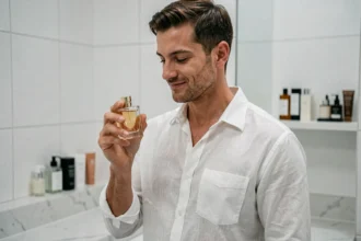Homme élégant tenant un flacon de parfum de luxe dans une salle de bain en marbre