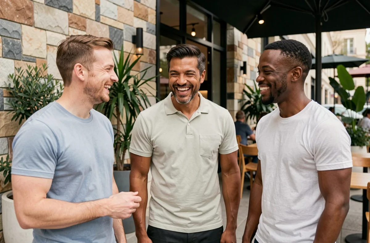 Trois hommes aux carnations différentes discutant devant une terrasse de café
