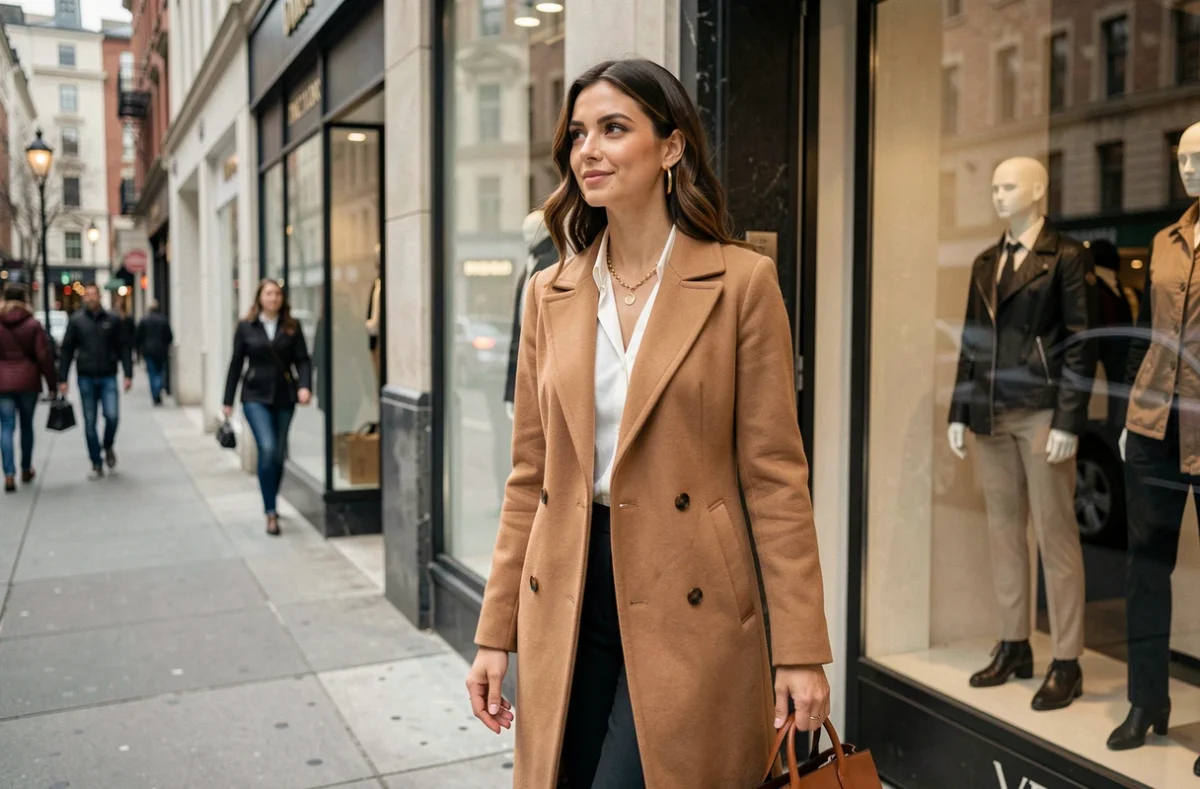 Femme influente et élégante sortant d'une boutique de luxe en centre-ville