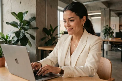 Influenceuse professionnelle analysant ses statistiques sur ordinateur dans un espace de co-working moderne