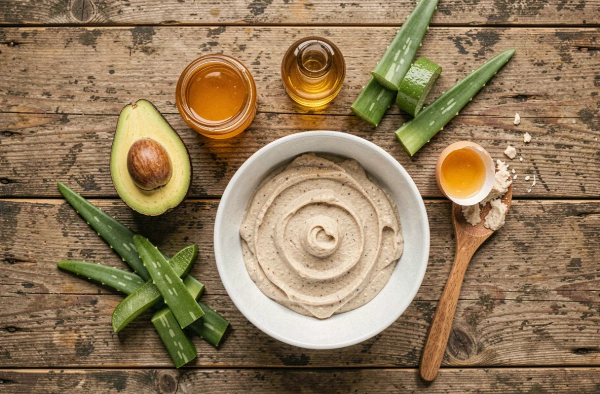 Ingrédients naturels pour préparer un masque capillaire maison pour cheveux secs : avocat, miel, huile d'argan et aloe vera