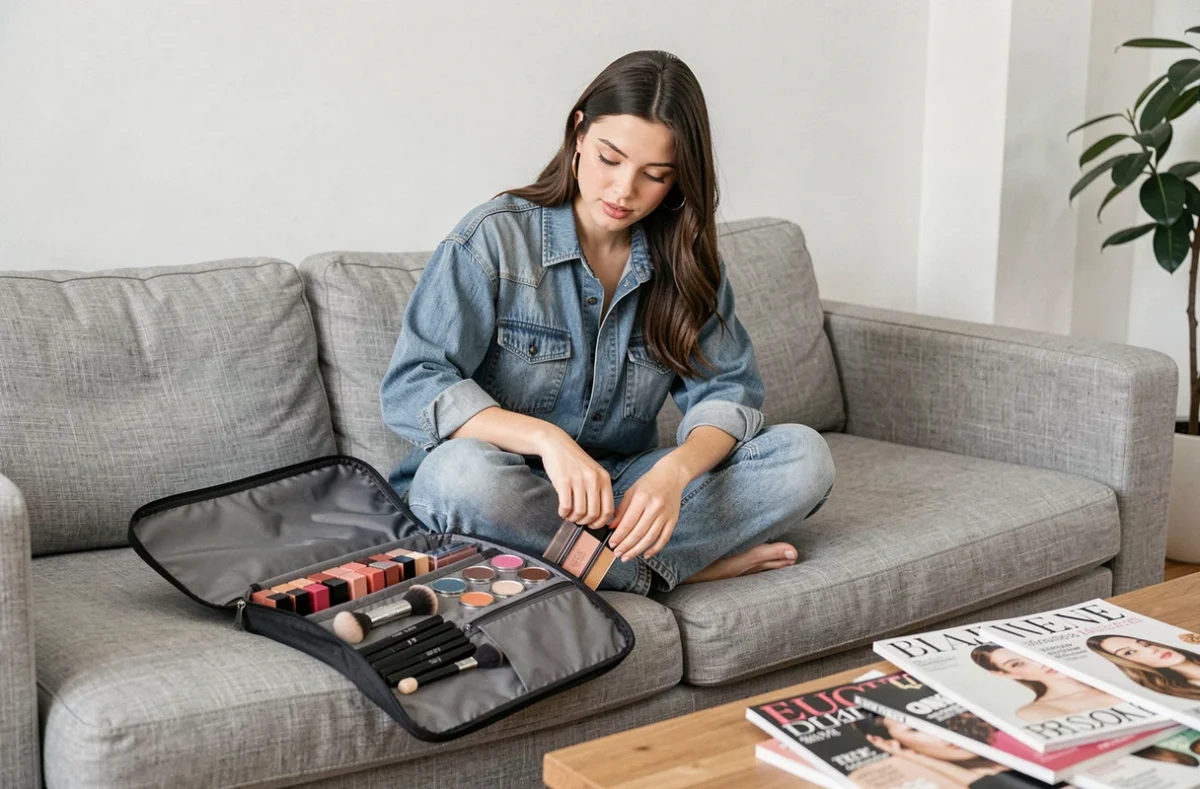 Jeune femme triant ses produits de maquillage dans un sac cosmétique sur un canapé en lin