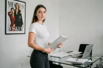 Jeune mannequin femme tenant son book de photos dans un bureau d'agence de mannequins moderne et minimaliste