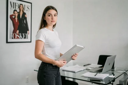 Jeune mannequin femme tenant son book de photos dans un bureau d'agence de mannequins moderne et minimaliste