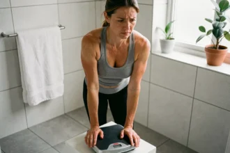 Femme de 40 ans sur une balance dans une salle de bain moderne, illustrant la difficulté de perdre les derniers kilos