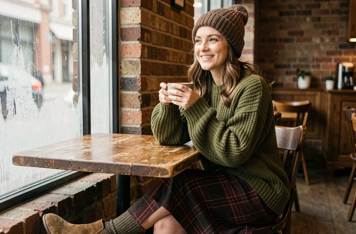 Femme en pull oversize tricoté et jupe midi plaid assise dans un café chaleureux en hiver