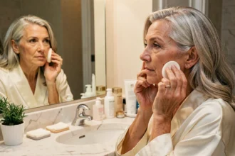 Femme de 55 ans appliquant un fond de teint léger pour atténuer les rides, assise devant un miroir de salle de bain en marbre