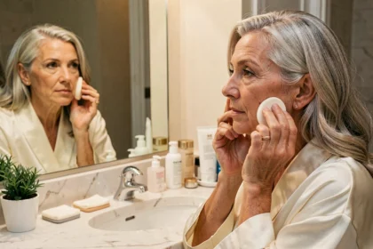 Femme de 55 ans appliquant un fond de teint léger pour atténuer les rides, assise devant un miroir de salle de bain en marbre