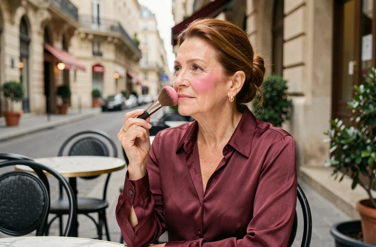 Femme de 60 ans se remaquillant à la terrasse d'un café parisien avec un pinceau blush