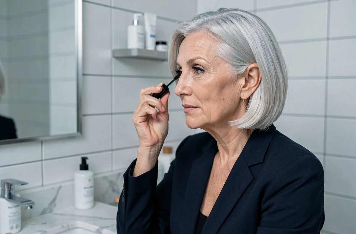 Femme élégante de 60 ans aux cheveux argentés appliquant du mascara dans une salle de bain moderne