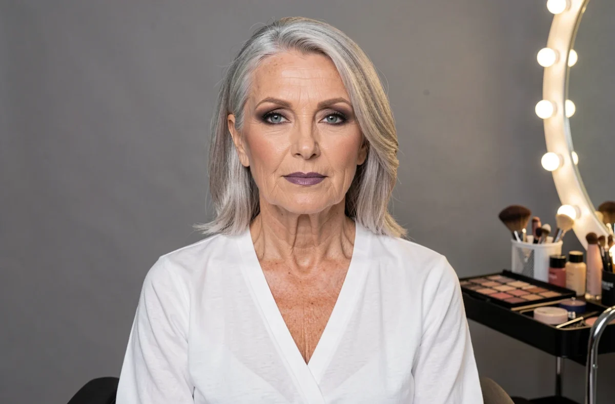 Portrait beauté frontal d'une femme de 60 ans avec un maquillage smoky taupe et lèvres mauves en studio