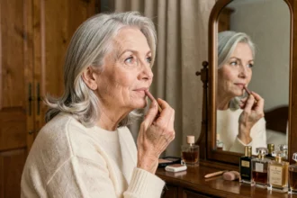 Femme de 60 ans appliquant un rouge à lèvres nude devant un miroir de coiffeuse vintage en bois