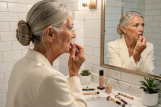 Femme de 60 ans appliquant un rouge à lèvres naturel devant son miroir de salle de bain, routine maquillage mature et élégante