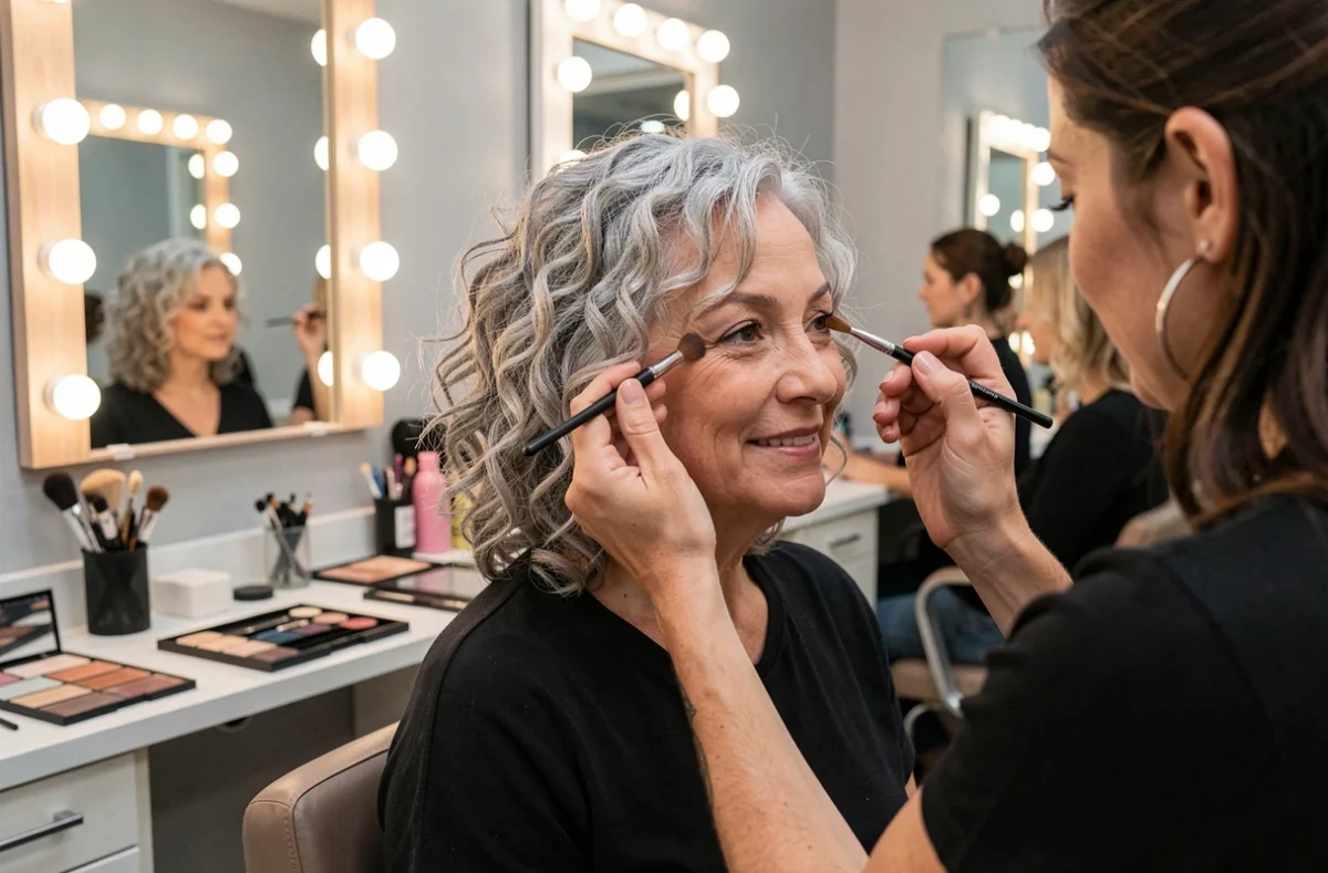 Femme de 60 ans aux cheveux gris bouclés chez un maquilleur professionnel, application d'ombre à paupières douce adaptée aux femmes matures