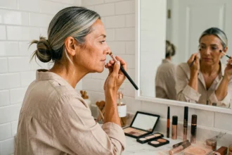Femme de 48 ans appliquant du fard à paupières devant un miroir de vanité, maquillage des yeux après 45 ans
