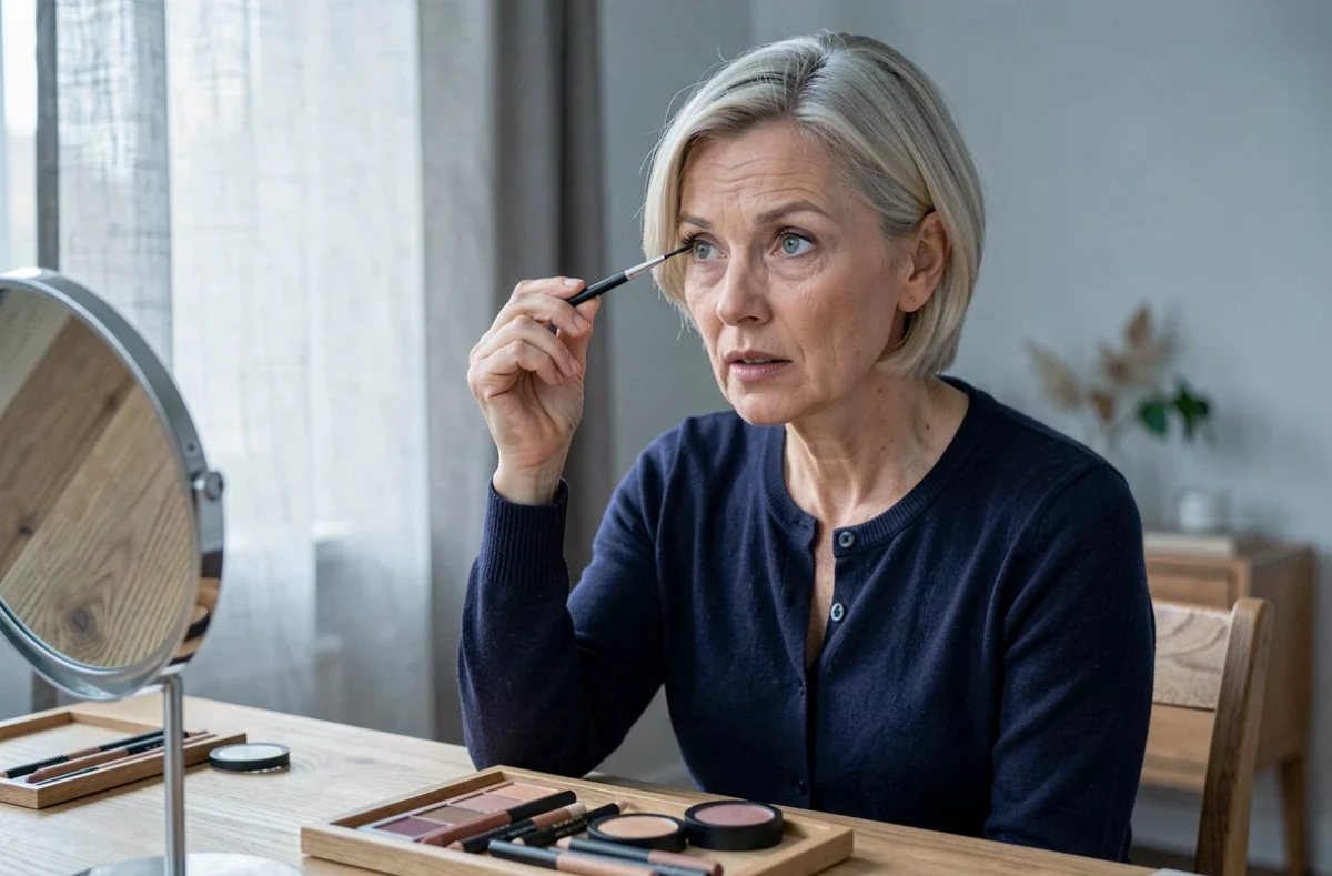 Femme de 52 ans appliquant de l'eye-liner avec précision devant un miroir grossissant, technique de maquillage des yeux matures