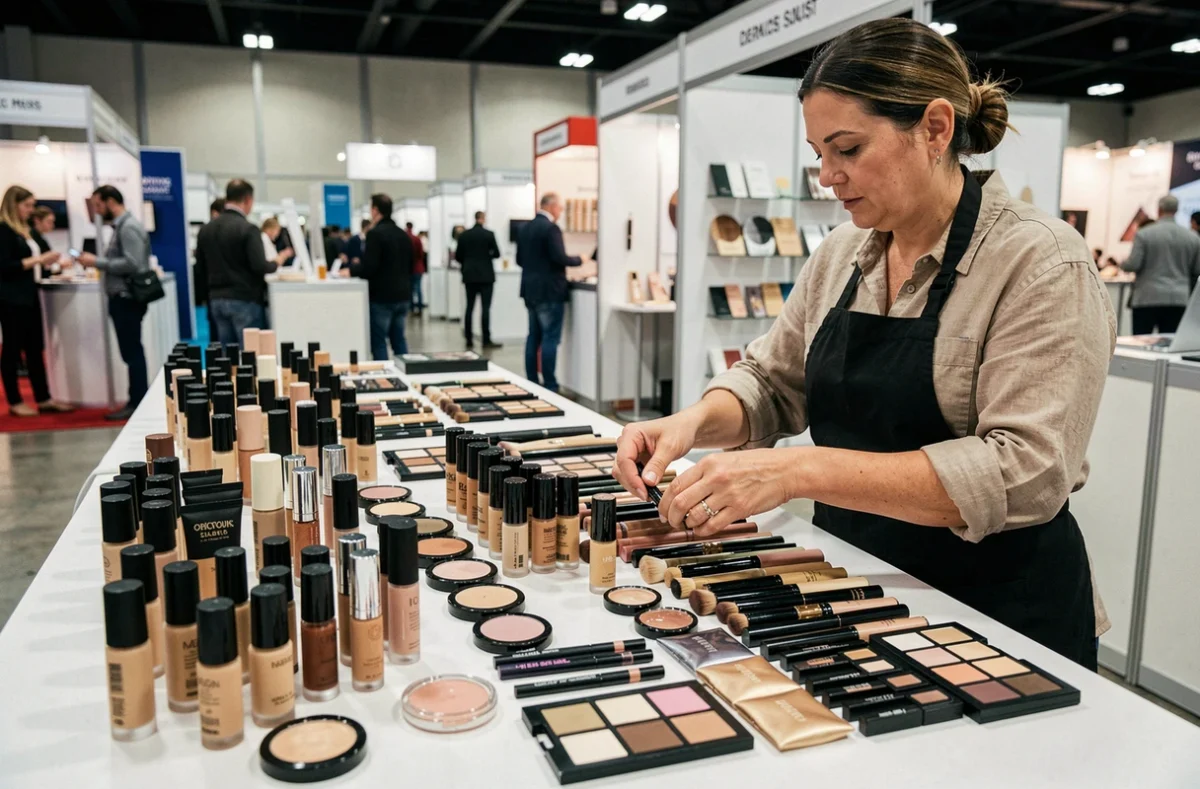 Maquilleuse professionnelle organisant une collection de produits cosmétiques sur une table d'exposition lors d'un salon beauté