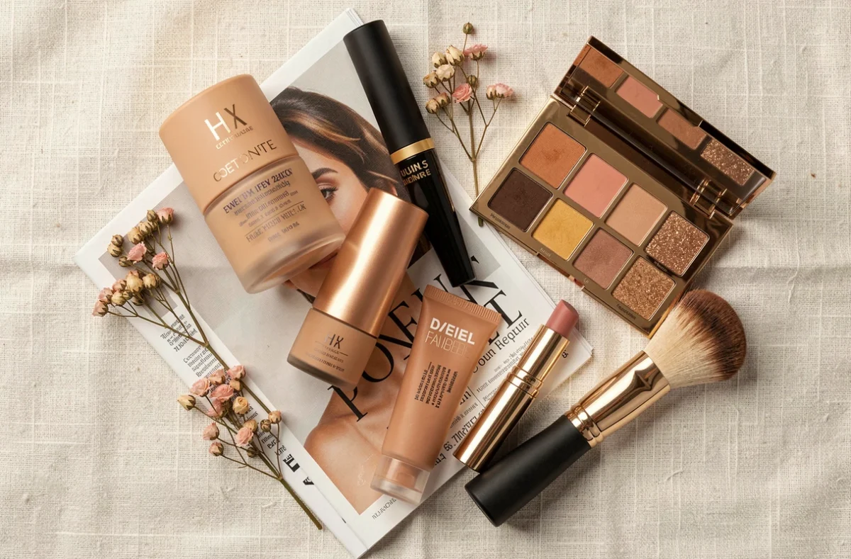 Flat lay de produits de maquillage bestsellers disposés sur un tissu en lin blanc avec accessoires beauté