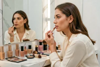 Femme appliquant du rouge à lèvres devant un miroir de maquillage entouré de produits cosmétiques de luxe
