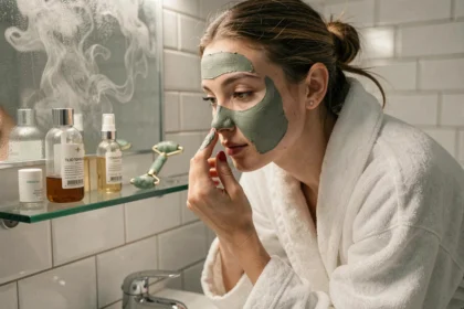 Jeune femme appliquant un masque à l'argile sur le visage pour désobstruer les pores dans sa salle de bain