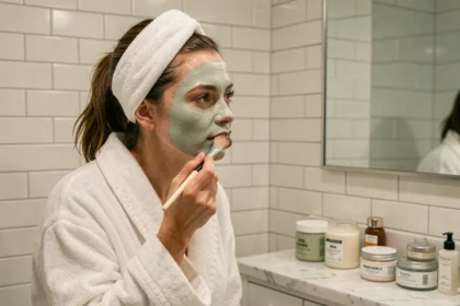 Femme appliquant un masque à l'argile verte sur le visage dans une salle de bain moderne pour un soin complet du visage