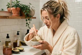 Femme appliquant un masque capillaire maison à base d'ingrédients naturels sur cheveux secs dans une salle de bain