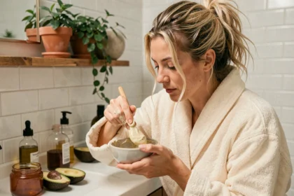 Femme appliquant un masque capillaire maison à base d'ingrédients naturels sur cheveux secs dans une salle de bain