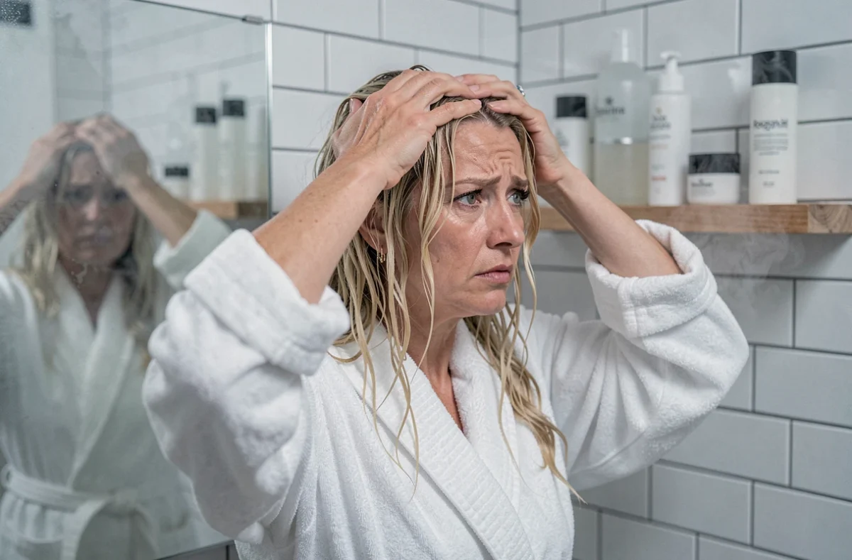 Femme se massant le cuir chevelu dans une salle de bain pour soulager la douleur à la racine des cheveux