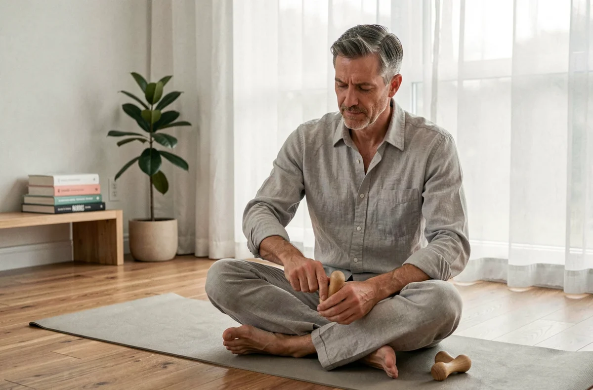 Homme utilisant un outil de massage en bois pour masser son cuir chevelu chaque jour dans un salon minimaliste