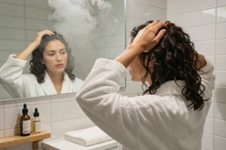 Femme massant son cuir chevelu avec les doigts dans une salle de bain moderne pour stimuler la pousse des cheveux