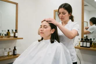 Femme recevant un massage du cuir chevelu dans un salon de coiffure professionnel