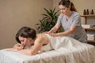 Femme recevant un massage suédois du dos dans un salon de spa professionnel pour détendre les nerfs