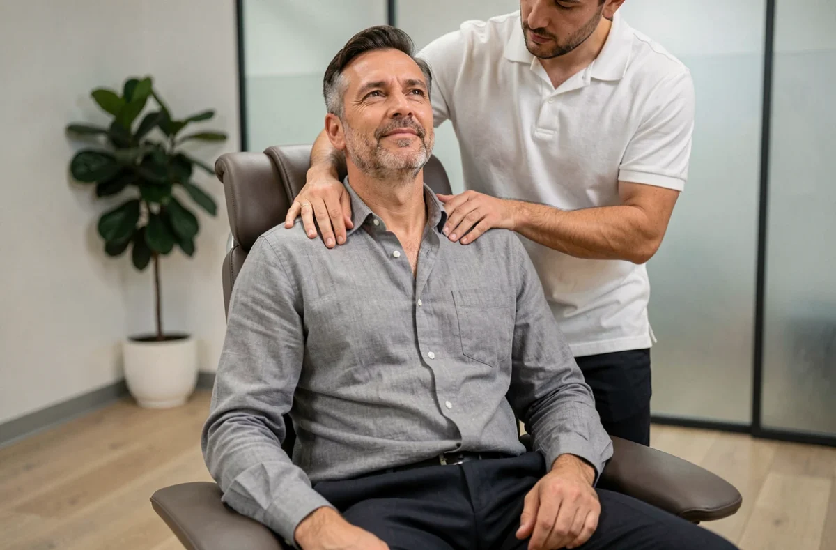 Homme recevant un massage des épaules et du cou en position assise dans un centre de bien-être moderne