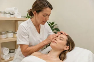 Esthéticienne professionnelle effectuant un massage anti-rides du front sur une cliente allongée dans un spa minimaliste