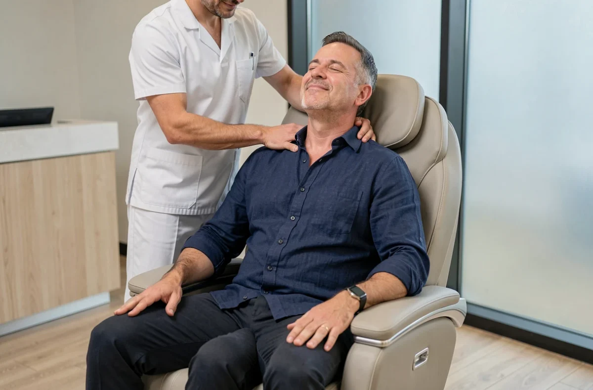 Homme recevant un massage des épaules et de la nuque dans une clinique de bien-être moderne pour soulager le stress nerveux