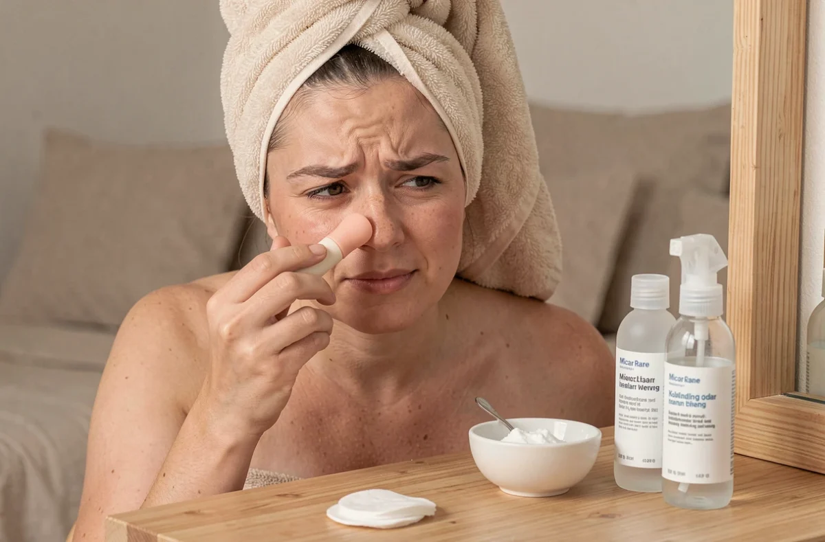 Femme utilisant une brosse de nettoyage visage sur les pores du nez devant une coiffeuse avec produits de soin