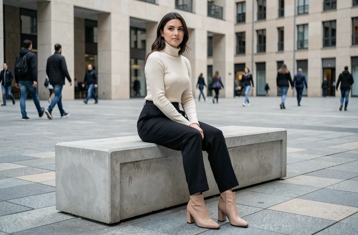 Femme en pantalon taille haute noir et col roulé crème pour allonger la silhouette en ville