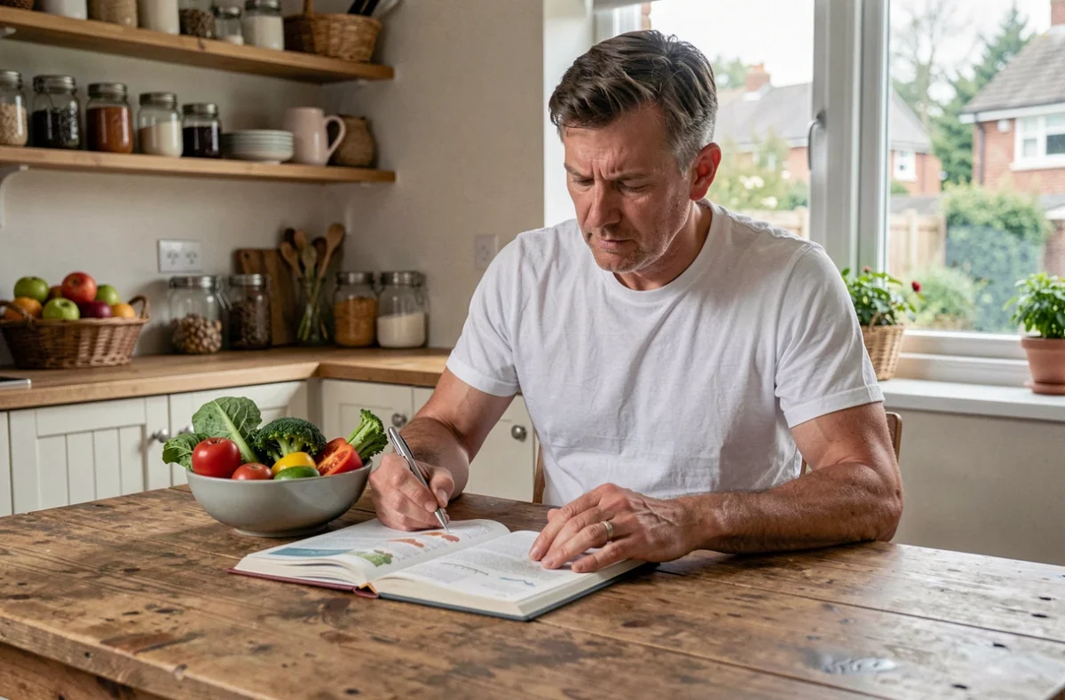 Homme d'âge mûr consultant un journal nutritionnel dans une cuisine avec des légumes frais, symbolisant les efforts pour perdre du poids durablement