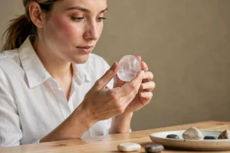 Femme tenant une pierre de quartz rose polie au quotidien sur un bureau en bois minimaliste