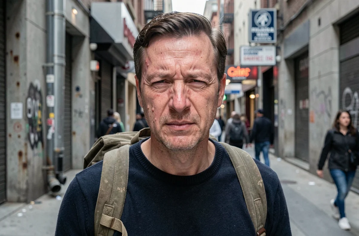 Homme en ville avec peau abîmée par la pollution urbaine, pores dilatés et rougeurs visibles, portrait réaliste en extérieur
