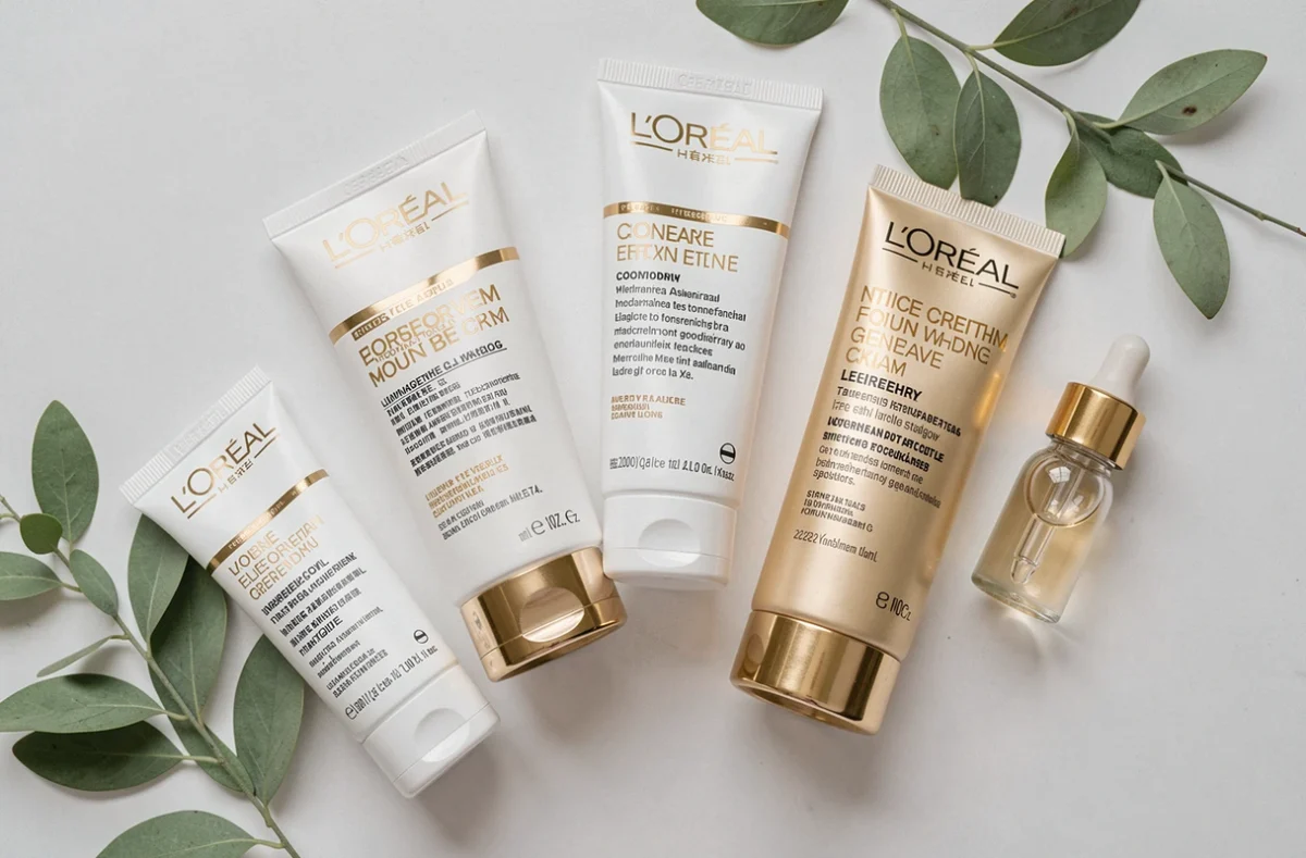 Pose à plat de crèmes visage L'Oréal avec emballages blancs et feuilles botaniques sur fond blanc