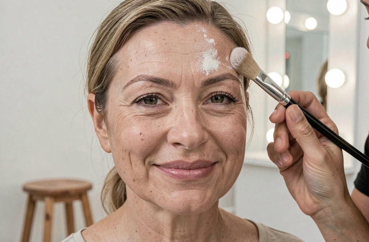 Gros plan sur une femme de 60 ans en séance de maquillage professionnel, application de poudre libre pour estomper les rides